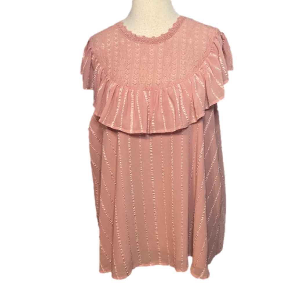 Andree By Unit Cap Sleeve Blouse Top Lace Ruffle Lined Pink 2X